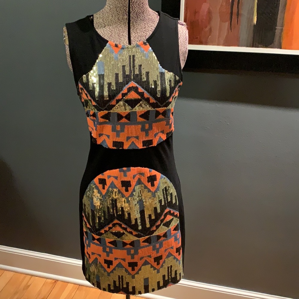 Lush black knit, southwest pattern sequin midi, M